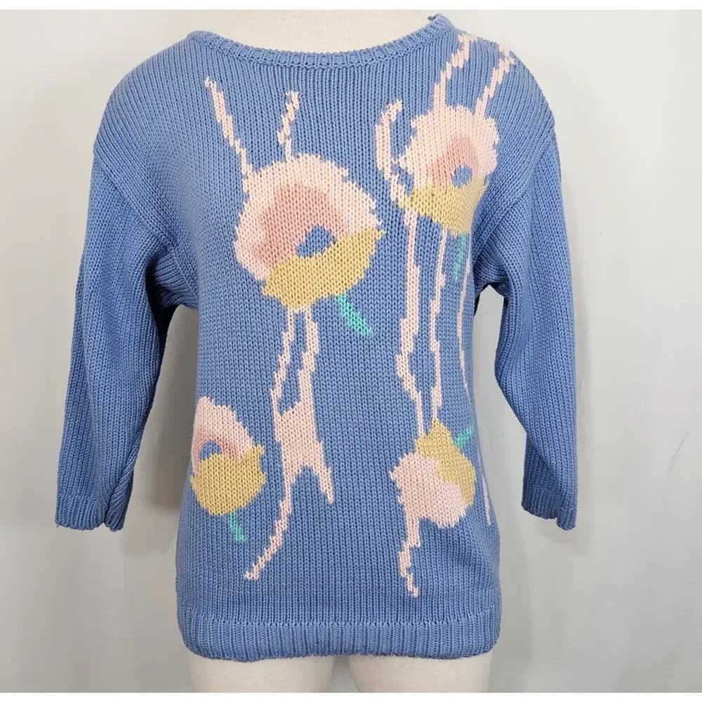 Vintage 80s Sweater Periwinkle Blue Floral Knit Hand Loomed Women's Size S - Picture 3 of 7